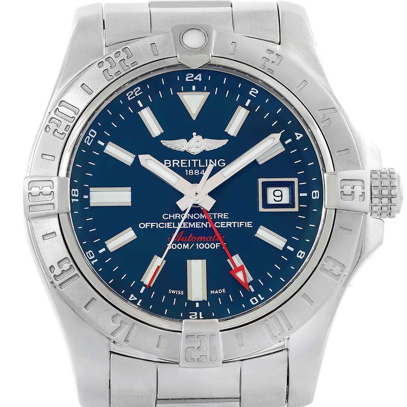 Breitling Aeromarine Avenger II GMT Blue Dial Watch A32390 Box Papers SwissWatchExpo