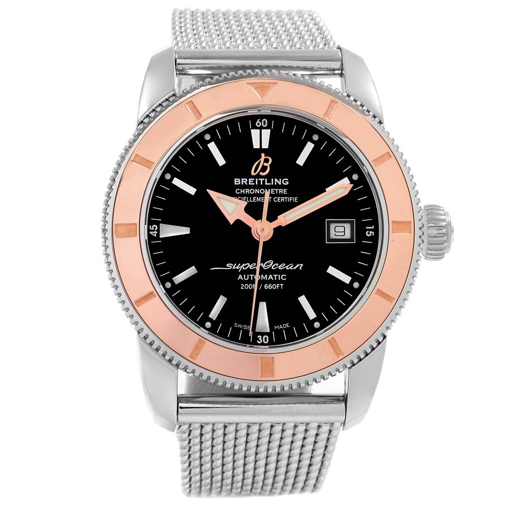 The image shows a Breitling Superocean U17321 Men's Stainless Steel Black Dial U17321 Men's Stainless Steel Black Dial watch from the front, highlighting its bezel, dial, hands, and metal mesh strap.