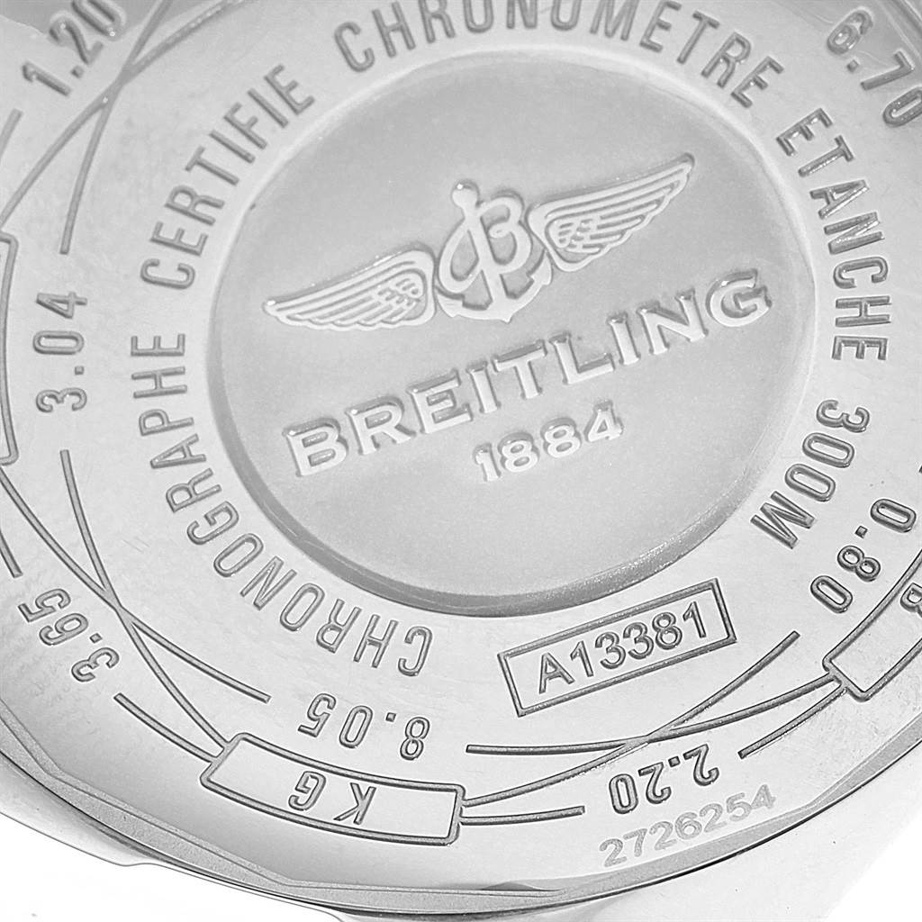This image shows the back case of a Breitling Avenger A13381 Men's Stainless Steel Blue Dial A13381 Men's Stainless Steel Blue Dial watch, highlighting the brand's logo, model number, and specifications.