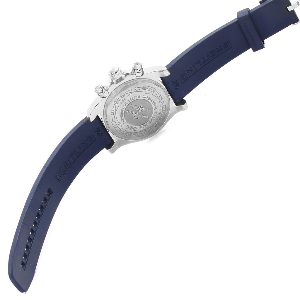 The image shows the back case and strap of a Breitling Avenger A13381 Men's Stainless Steel Blue Dial A13381 Men's Stainless Steel Blue Dial watch at a slight angle.