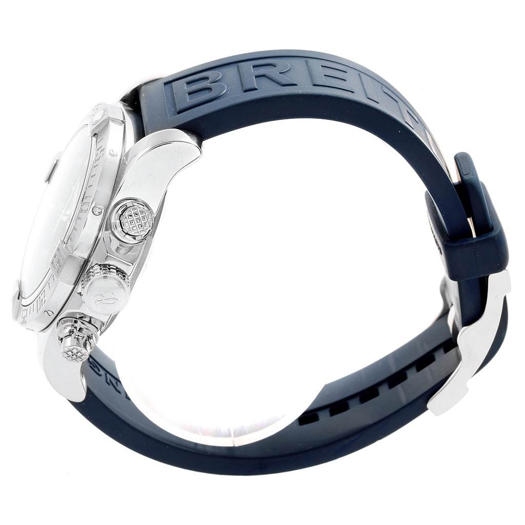 The image depicts a side view of the Breitling Avenger A13381 Men's Stainless Steel Blue Dial A13381 Men's Stainless Steel Blue Dial watch, showcasing the stainless steel case, crown, pushers, and rubber strap.