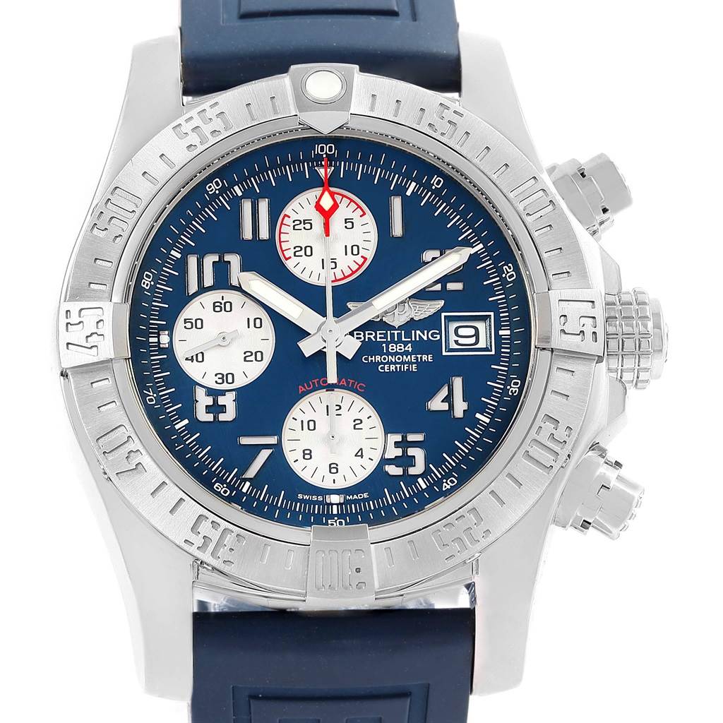 The image shows a frontal view of a Breitling Avenger A13381 Men's Stainless Steel Blue Dial A13381 Men's Stainless Steel Blue Dial watch with a blue dial and subdials, stainless steel case, and blue strap.