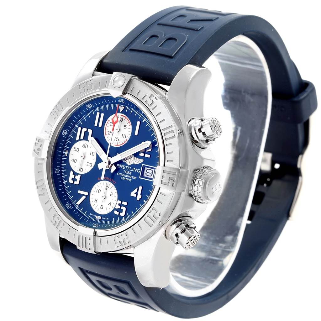 This image shows a Breitling Avenger A13381 Men's Stainless Steel Blue Dial A13381 Men's Stainless Steel Blue Dial watch at a slight angle, displaying the face, bezel, and side buttons.