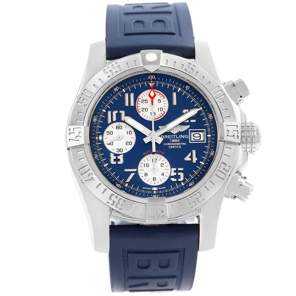 The image shows a frontal view of the Breitling Avenger A13381 Men's Stainless Steel Blue Dial A13381 Men's Stainless Steel Blue Dial watch, highlighting its blue dial, chronograph functions, and blue rubber strap.