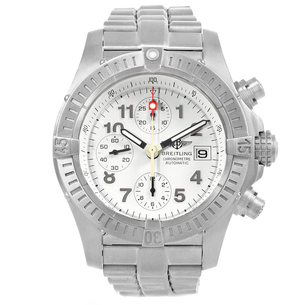 The image shows a front view of the Breitling Avenger E13360 Men's Titanium White Dial E13360 Men's Titanium White Dial watch, highlighting its dial, bezel, chronograph subdials, and bracelet.