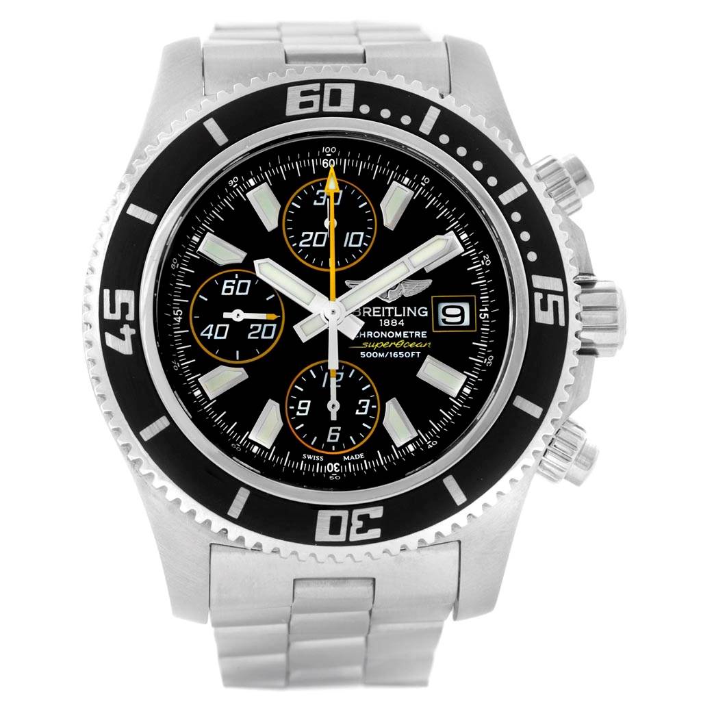 The image shows a front view of a Breitling Superocean A13341 Men's Stainless Steel Black Dial A13341 Men's Stainless Steel Black Dial watch, displaying its bezel, dial, subdials, and bracelet.