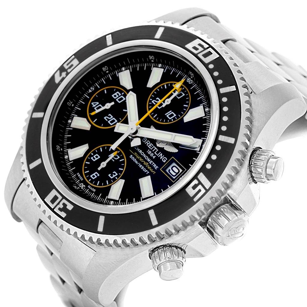 The Breitling Superocean A13341 Men's Stainless Steel Black Dial A13341 Men's Stainless Steel Black Dial watch is shown at a slight angle, displaying the face, bezel, crown, and part of the bracelet.
