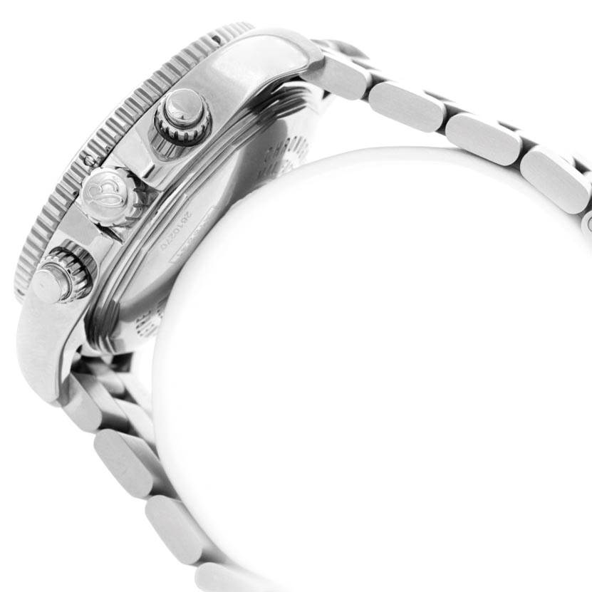 The image shows a side view of a Breitling Superocean A13341 Men's Stainless Steel Black Dial A13341 Men's Stainless Steel Black Dial watch highlighting the crown, bezel, and part of the bracelet.