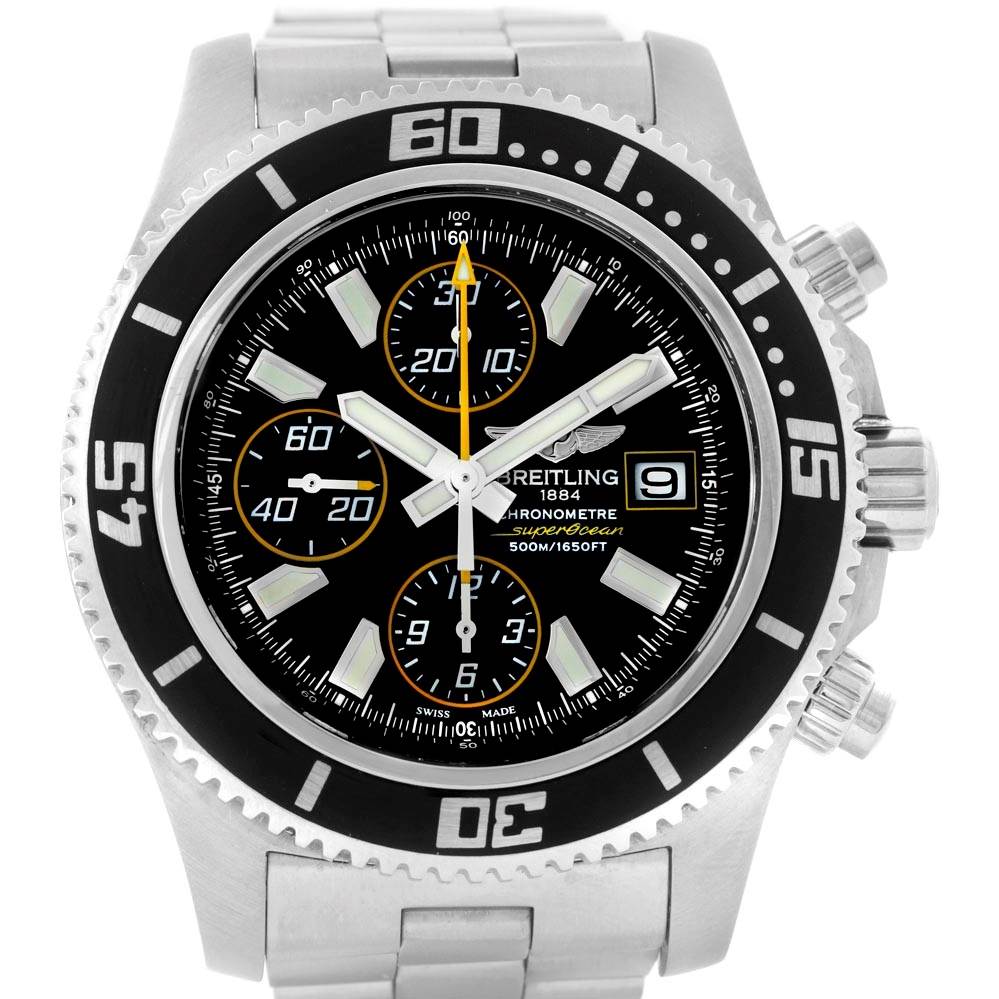 The image shows a front angle of a Breitling Superocean A13341 Men's Stainless Steel Black Dial A13341 Men's Stainless Steel Black Dial watch, featuring its bezel, dial, subdials, hands, and part of the bracelet.