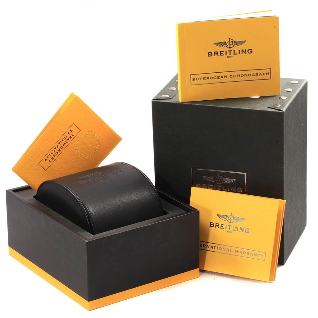 The image shows the Breitling Superocean A13341 Men's Stainless Steel Black Dial A13341 Men's Stainless Steel Black Dial watch box, user manuals, warranty card, and leather case.