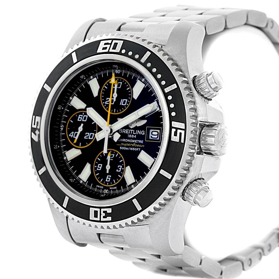 The image shows a Breitling Superocean A13341 Men's Stainless Steel Black Dial A13341 Men's Stainless Steel Black Dial watch at a slight angle, displaying the dial, bezel, crown, and part of the bracelet.