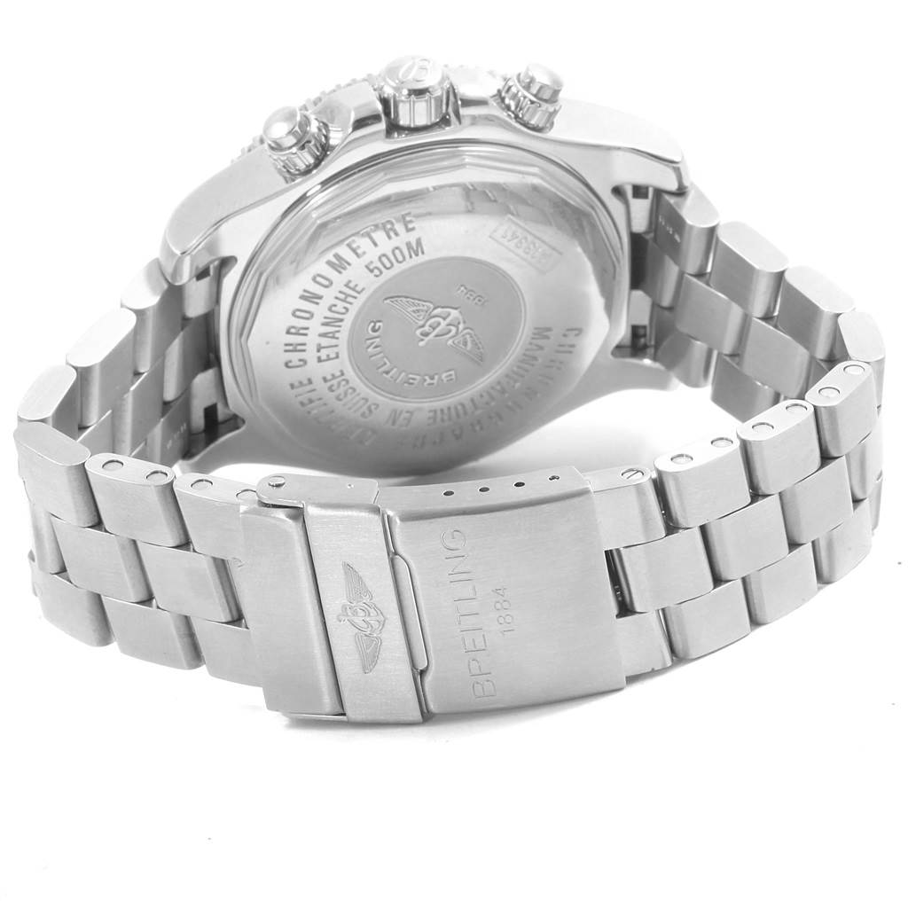 The image shows the back case and clasp of a Breitling Superocean A13341 Men's Stainless Steel Black Dial A13341 Men's Stainless Steel Black Dial watch, displaying the brand's engraving and craftsmanship.
