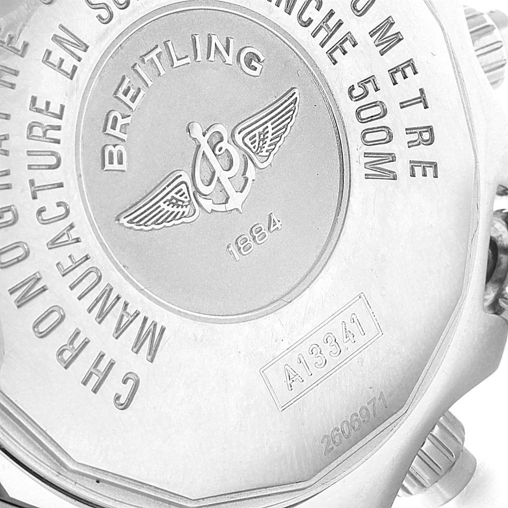 This image shows the case back of the Breitling Superocean A13341 Men's Stainless Steel Black Dial A13341 Men's Stainless Steel Black Dial watch, displaying the brand logo and model specifications.