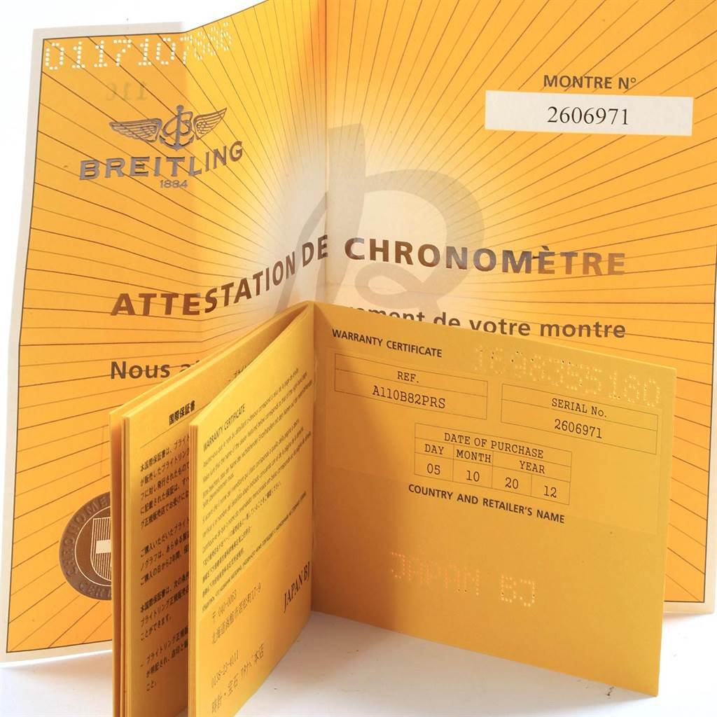 This image shows the warranty certificate and chronometer certification documents for a Breitling Superocean A13341 Men's Stainless Steel Black Dial A13341 Men's Stainless Steel Black Dial watch.