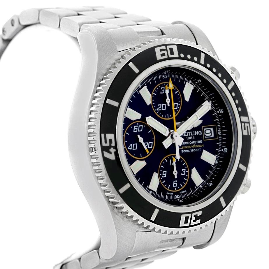 The image shows a side view angle of the Breitling Superocean A13341 Men's Stainless Steel Black Dial A13341 Men's Stainless Steel Black Dial watch, including the bezel, dial, and part of the stainless steel bracelet.