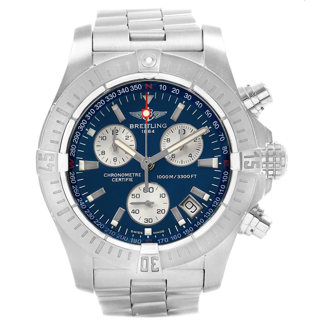 This image shows a front view of the Breitling Avenger A73390 Men's Stainless Steel Blue Dial A73390 Men's Stainless Steel Blue Dial watch, highlighting its blue dial, chronograph sub-dials, and stainless steel bracelet.