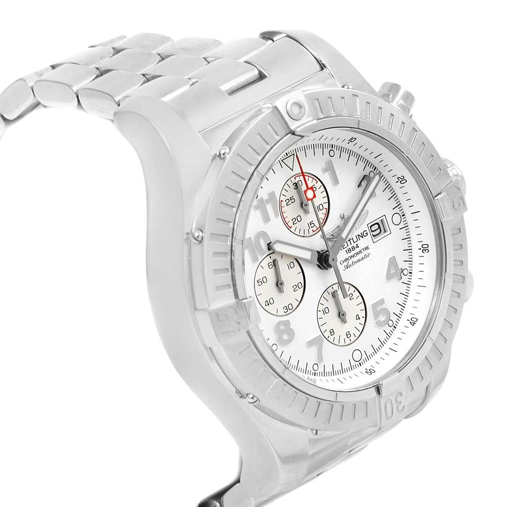 The image shows a Breitling Avenger A13370 Men's Stainless Steel White Dial A13370 Men's Stainless Steel White Dial watch at a slight side angle, highlighting the dial, bezel, and part of the bracelet.