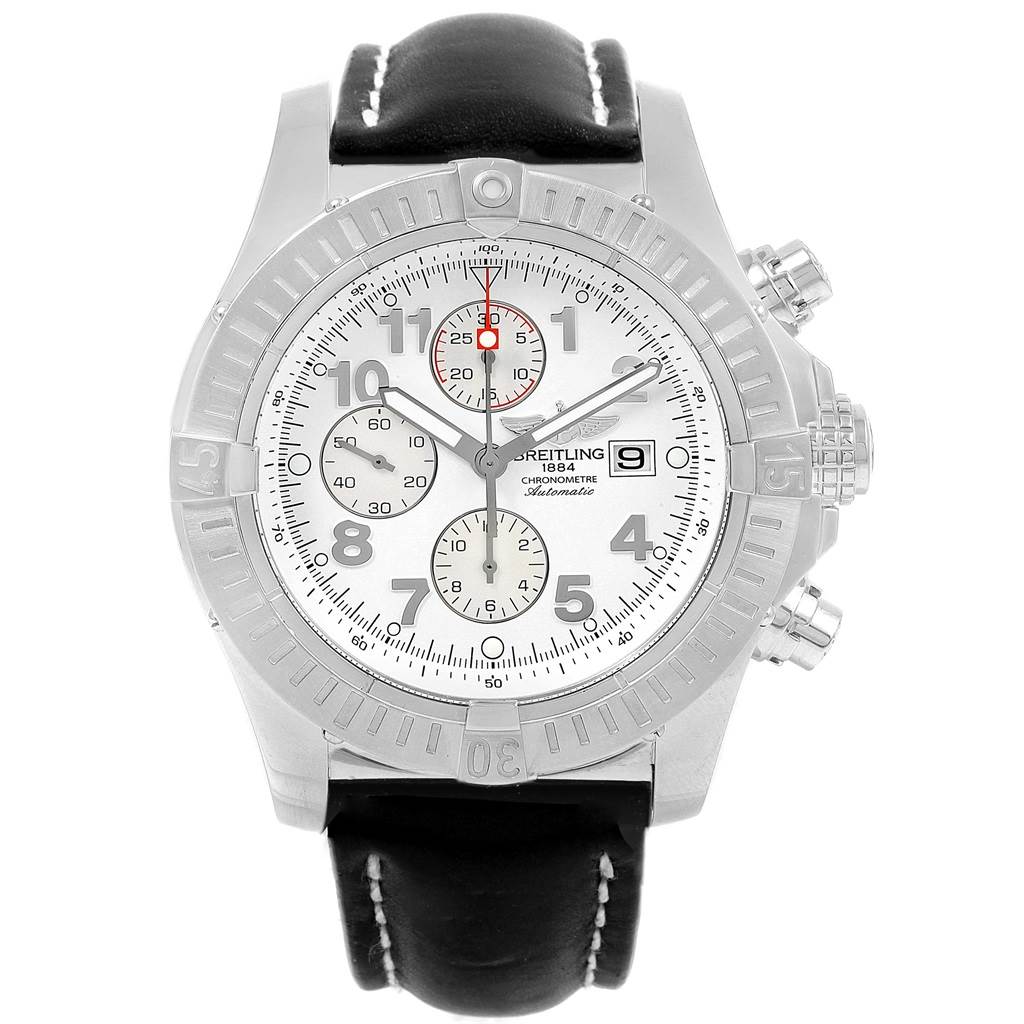 This image shows the front view of a Breitling Avenger A13370 Men's Stainless Steel White Dial A13370 Men's Stainless Steel White Dial watch, highlighting the dial, bezel, chronograph subdials, and pushers.