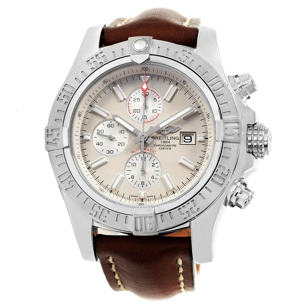 This Breitling Avenger A13371 Men's Stainless Steel Beige Dial A13371 Men's Stainless Steel Beige Dial watch is shown from the front, highlighting the dial, bezel, and leather strap.
