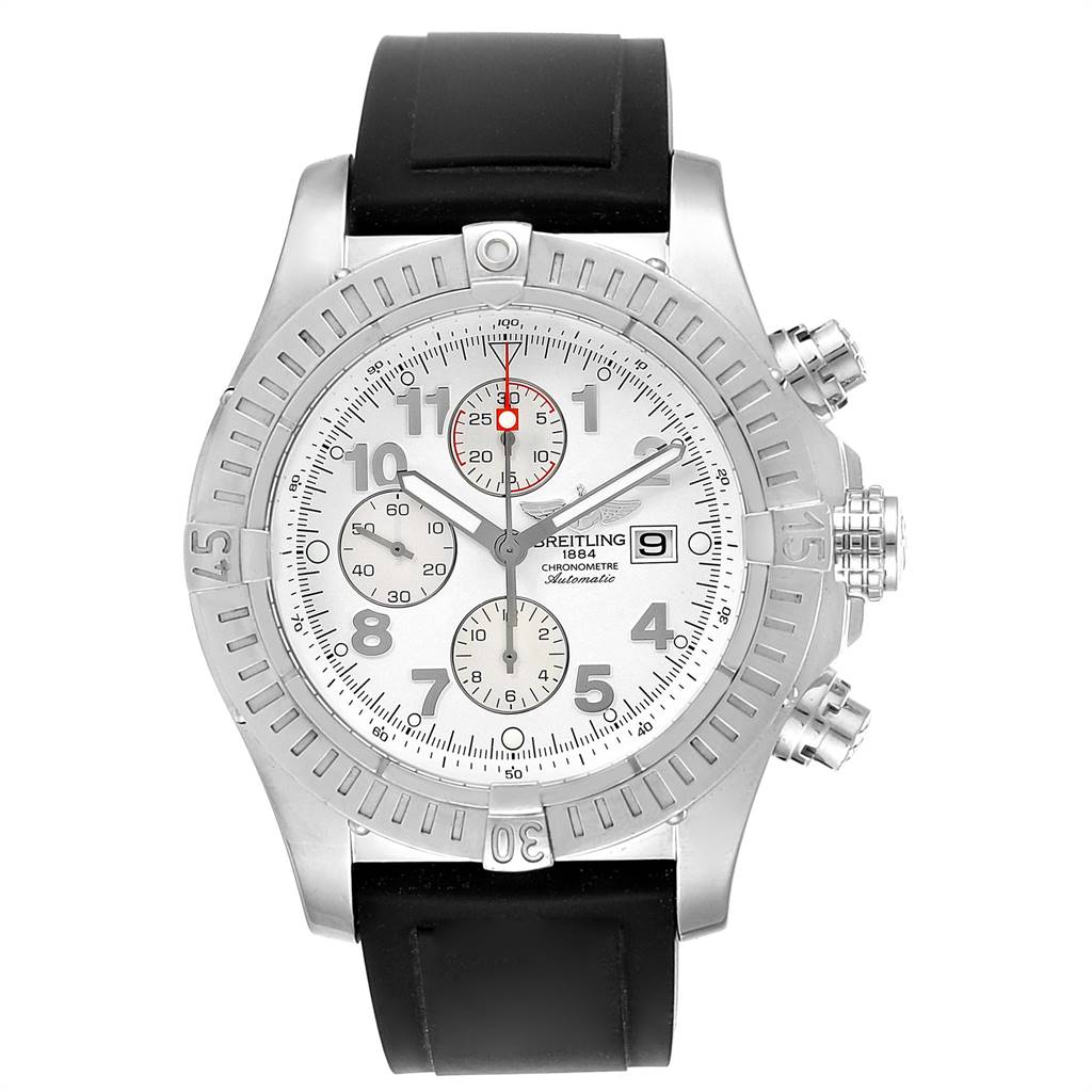 The image shows a front view of a Breitling Avenger A13370 Men's Stainless Steel White Dial A13370 Men's Stainless Steel White Dial watch with a black strap, silver bezel, and three sub-dials.