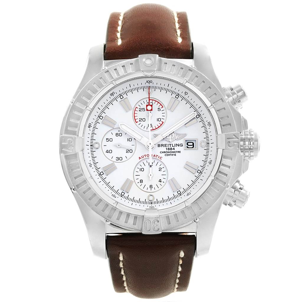 The image shows a front view of a Breitling Avenger A13370 Men's Stainless Steel White Dial A13370 Men's Stainless Steel White Dial watch with a brown leather strap and white dial.