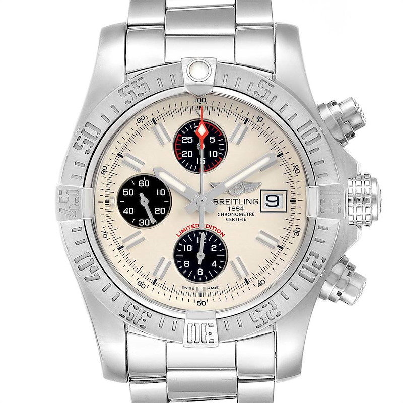 The Breitling Avenger watch is shown from a front angle, displaying its face, bezel, and stainless steel bracelet.