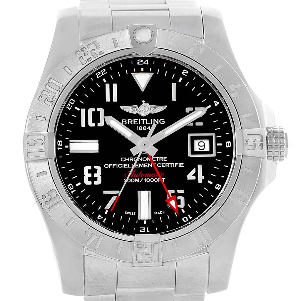 The image shows a Breitling Avenger A32390 Men's Stainless Steel Black Dial A32390 Men's Stainless Steel Black Dial watch from the front, displaying the dial, bezel, date window, and part of the metal bracelet.