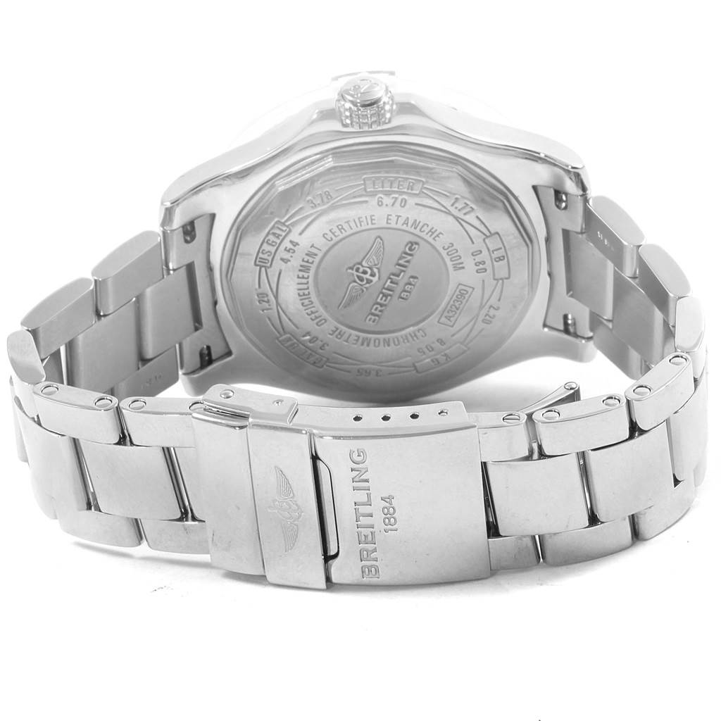 This image shows the back and clasp of a Breitling Avenger A32390 Men's Stainless Steel Black Dial A32390 Men's Stainless Steel Black Dial watch with the case back details visible.