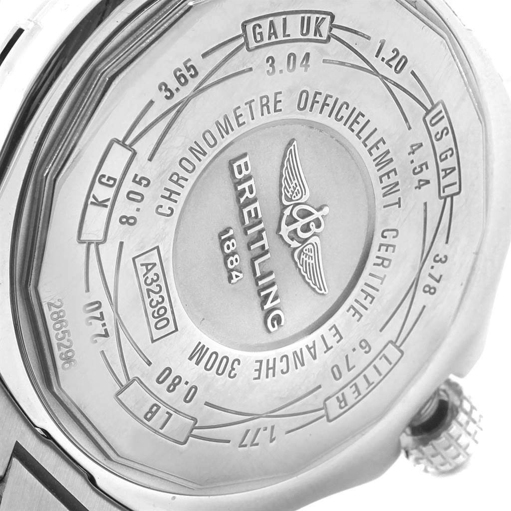 The image shows the detailed case back of a Breitling Avenger A32390 Men's Stainless Steel Black Dial A32390 Men's Stainless Steel Black Dial watch, highlighting the engravings and logos.