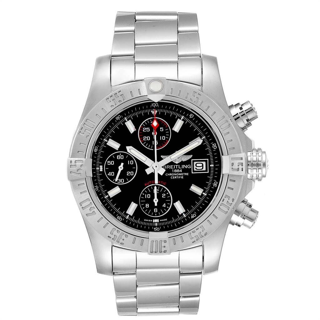 The image shows a front view of a Breitling Avenger A13381 Men's Stainless Steel Black Dial A13381 Men's Stainless Steel Black Dial watch, highlighting its face, bezel, subdials, and metal bracelet.