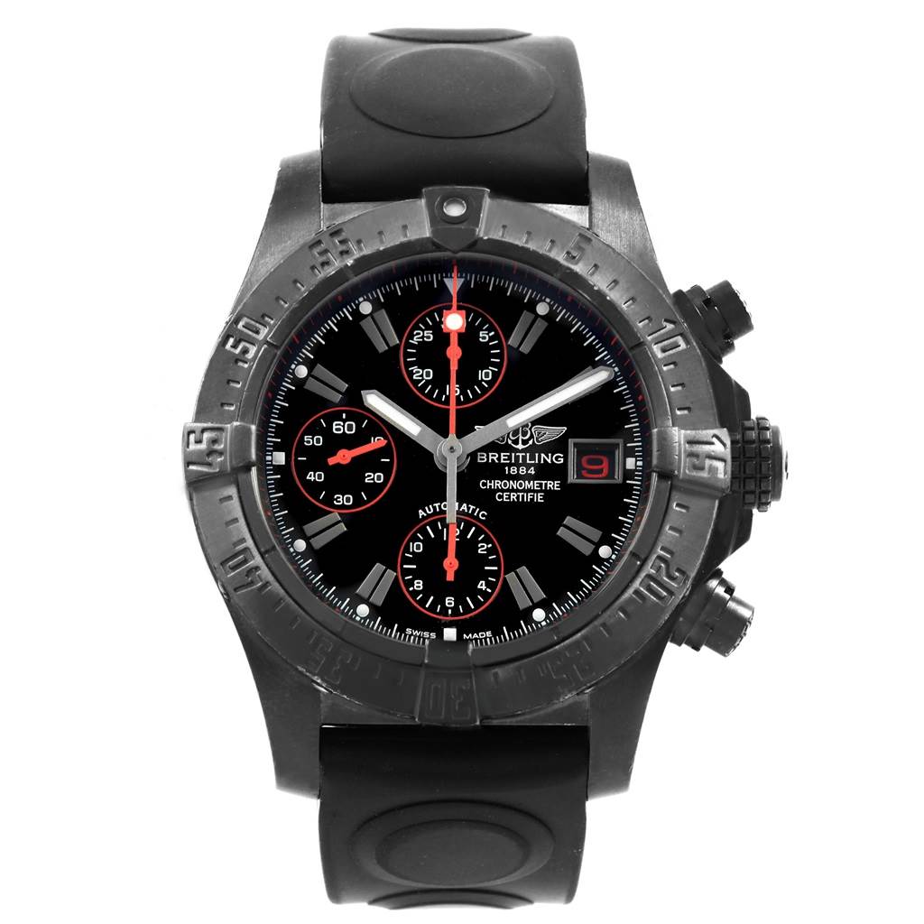 The image shows a front view of a Breitling Avenger M13380 Men's Stainless Steel Black Dial M13380 Men's Stainless Steel Black Dial watch, featuring its black dial, red accents, and rubber strap.