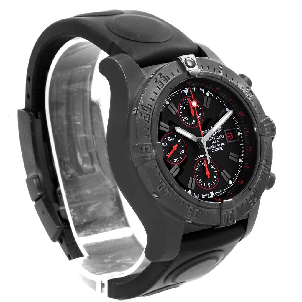 The image shows a side-angle view of the Breitling Avenger M13380 Men's Stainless Steel Black Dial M13380 Men's Stainless Steel Black Dial watch, highlighting the black dial, bezel, and rubber strap.