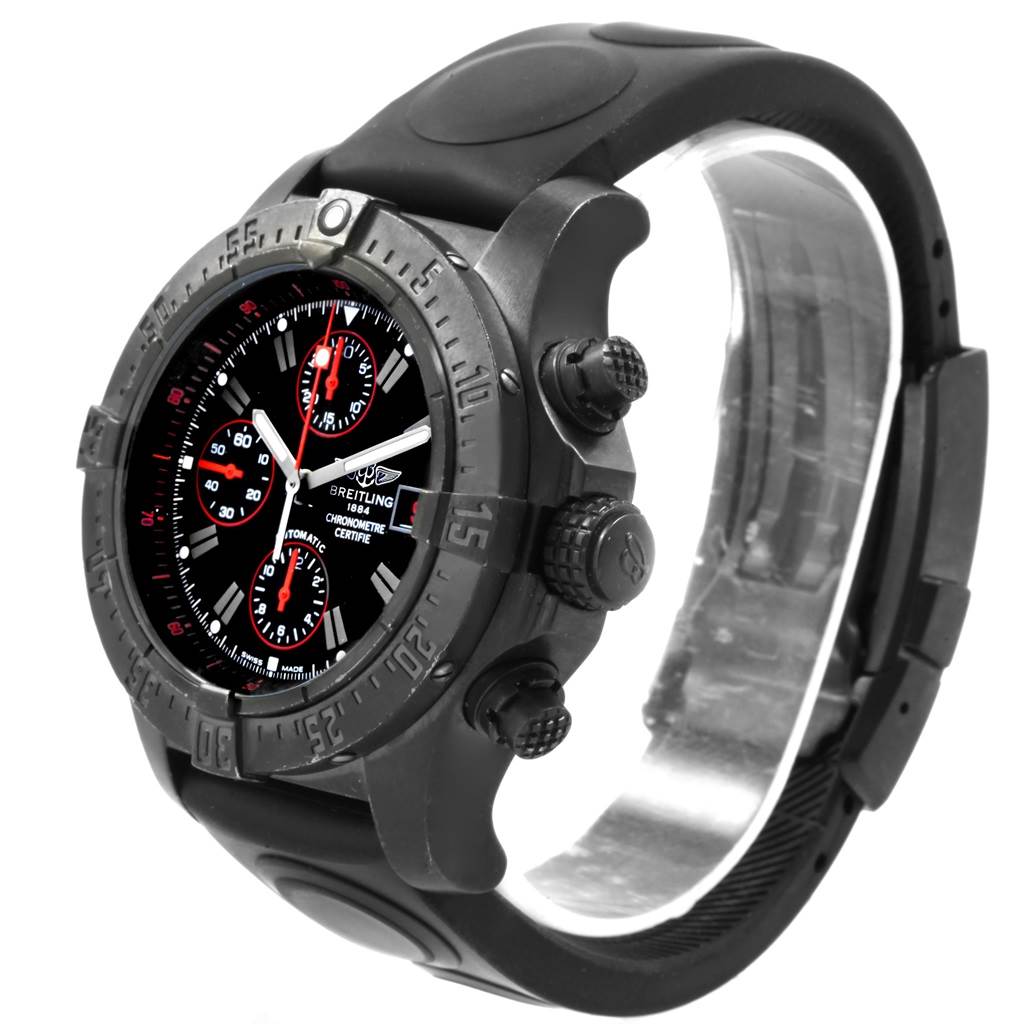 The Breitling Avenger M13380 Men's Stainless Steel Black Dial M13380 Men's Stainless Steel Black Dial watch is shown at a slight angle, highlighting its face, bezel, and pushers, along with part of its strap.