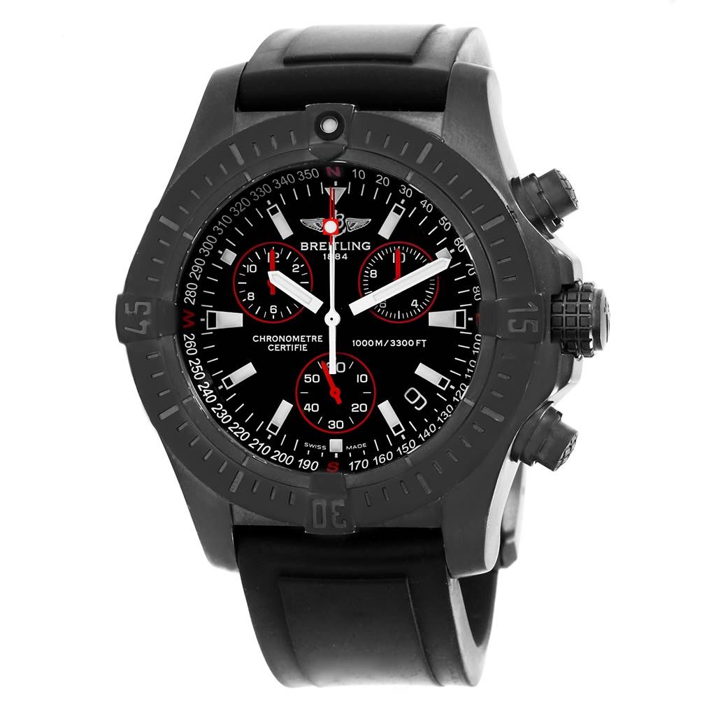 The image shows a front view of a Breitling Avenger M73390 Men's Stainless Steel Black Dial M73390 Men's Stainless Steel Black Dial chronograph watch with a black dial and a black rubber strap.