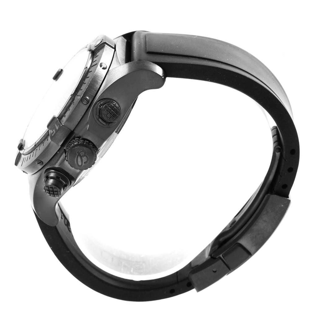 The image shows a side view of a Breitling Avenger M73390 Men's Stainless Steel Black Dial M73390 Men's Stainless Steel Black Dial watch, highlighting the crown, pushers, and part of the strap.