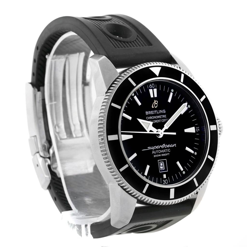 The image shows the Breitling Superocean A17320 Men's Stainless Steel Black Dial A17320 Men's Stainless Steel Black Dial model watch from a front-left angle, detailing its black dial, bezel, and rubber strap.