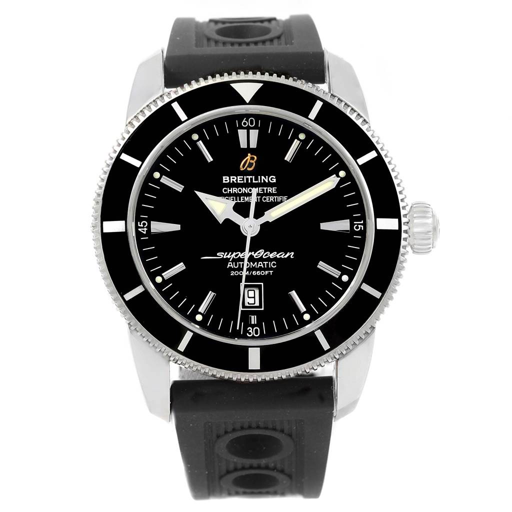 This Breitling Superocean A17320 Men's Stainless Steel Black Dial A17320 Men's Stainless Steel Black Dial model watch is shown from a front angle, highlighting its black dial and rubber strap.