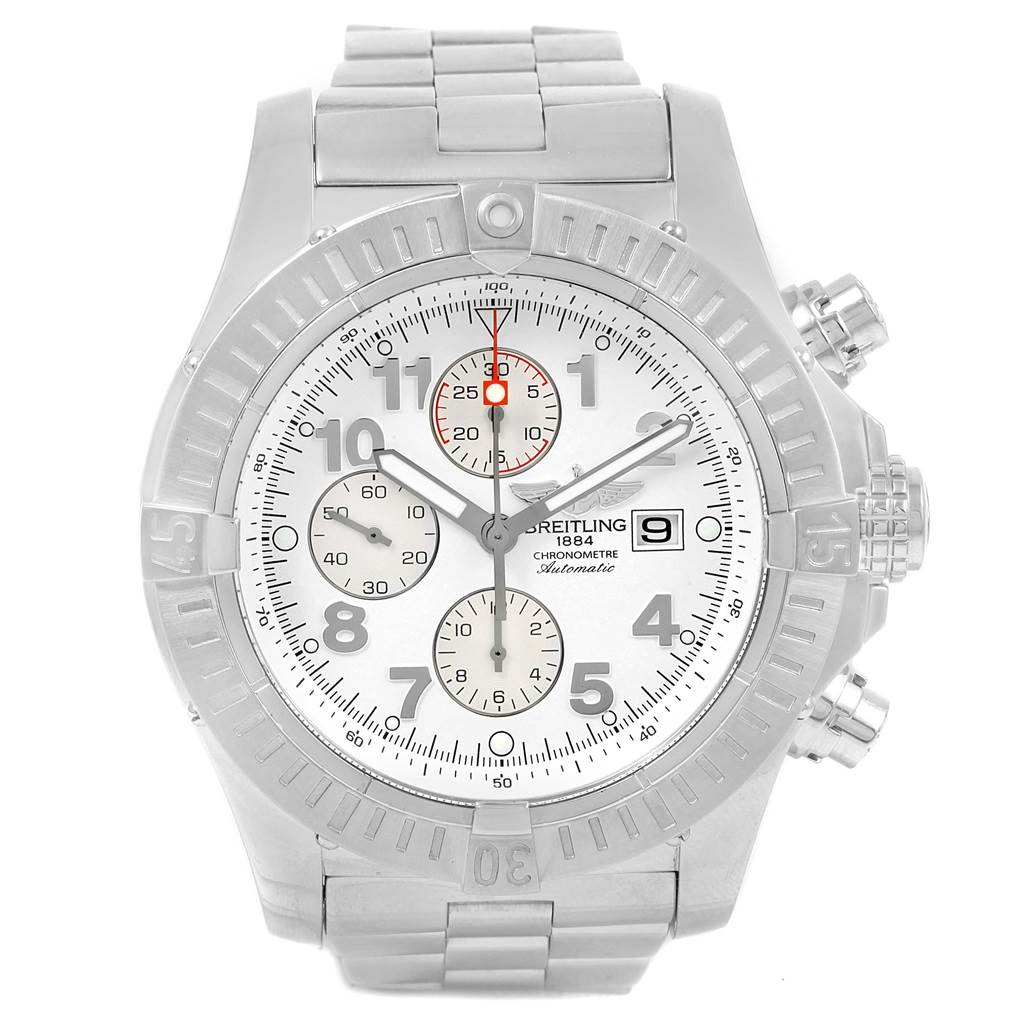 The image shows a front view of the Breitling Avenger A13370 Men's Stainless Steel White Dial A13370 Men's Stainless Steel White Dial watch, displaying its face, bezel, chronograph, and bracelet.