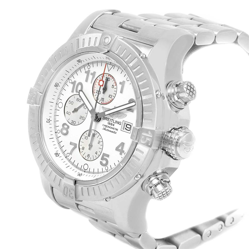 The Breitling Avenger A13370 Men's Stainless Steel White Dial A13370 Men's Stainless Steel White Dial watch is shown at an oblique angle, highlighting its face, bezel, and side buttons.