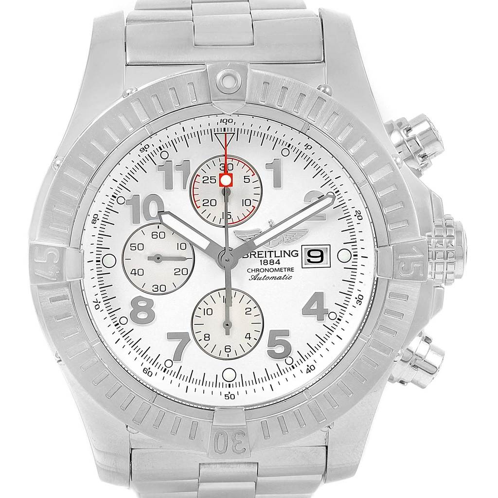 The image shows a frontal view of a Breitling Avenger A13370 Men's Stainless Steel White Dial A13370 Men's Stainless Steel White Dial watch, displaying the dial, bezel, crown, and chronograph pushers.