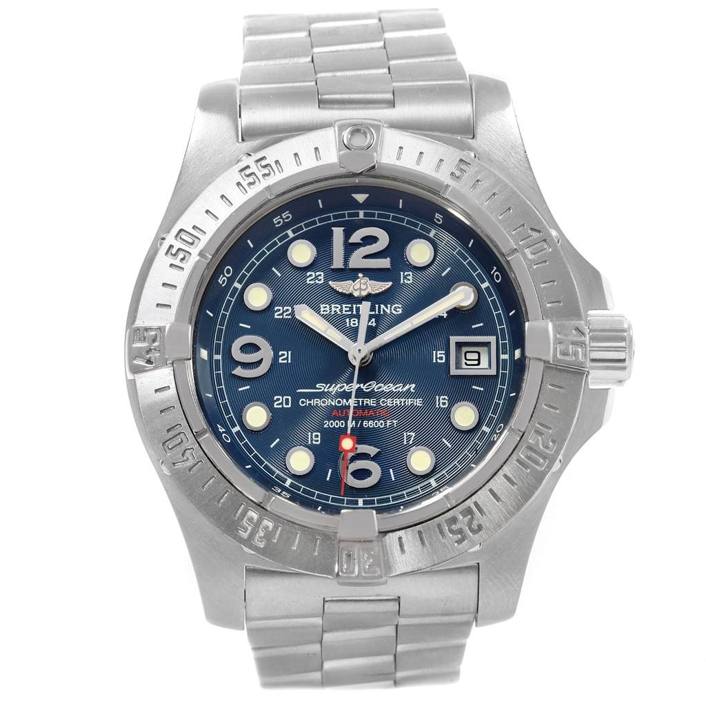 This image shows a front view of the Breitling Superocean A17390 Men's Stainless Steel Blue Dial A17390 Men's Stainless Steel Blue Dial watch displaying the dial, bezel, hands, and bracelet.