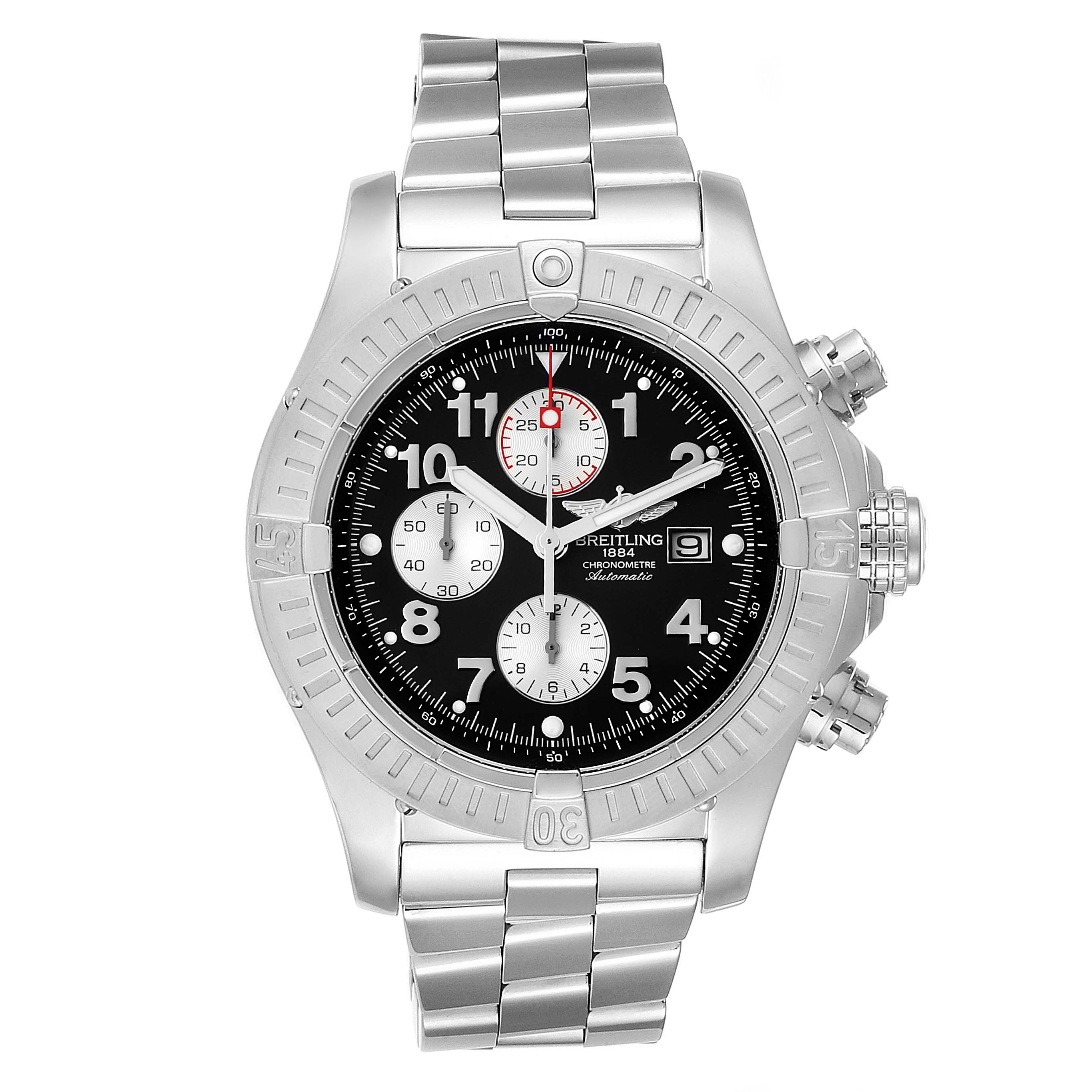 This image shows a frontal view of a Breitling Avenger A13370 Men's Stainless Steel Black Dial A13370 Men's Stainless Steel Black Dial watch, displaying the face, bezel, and stainless steel bracelet.