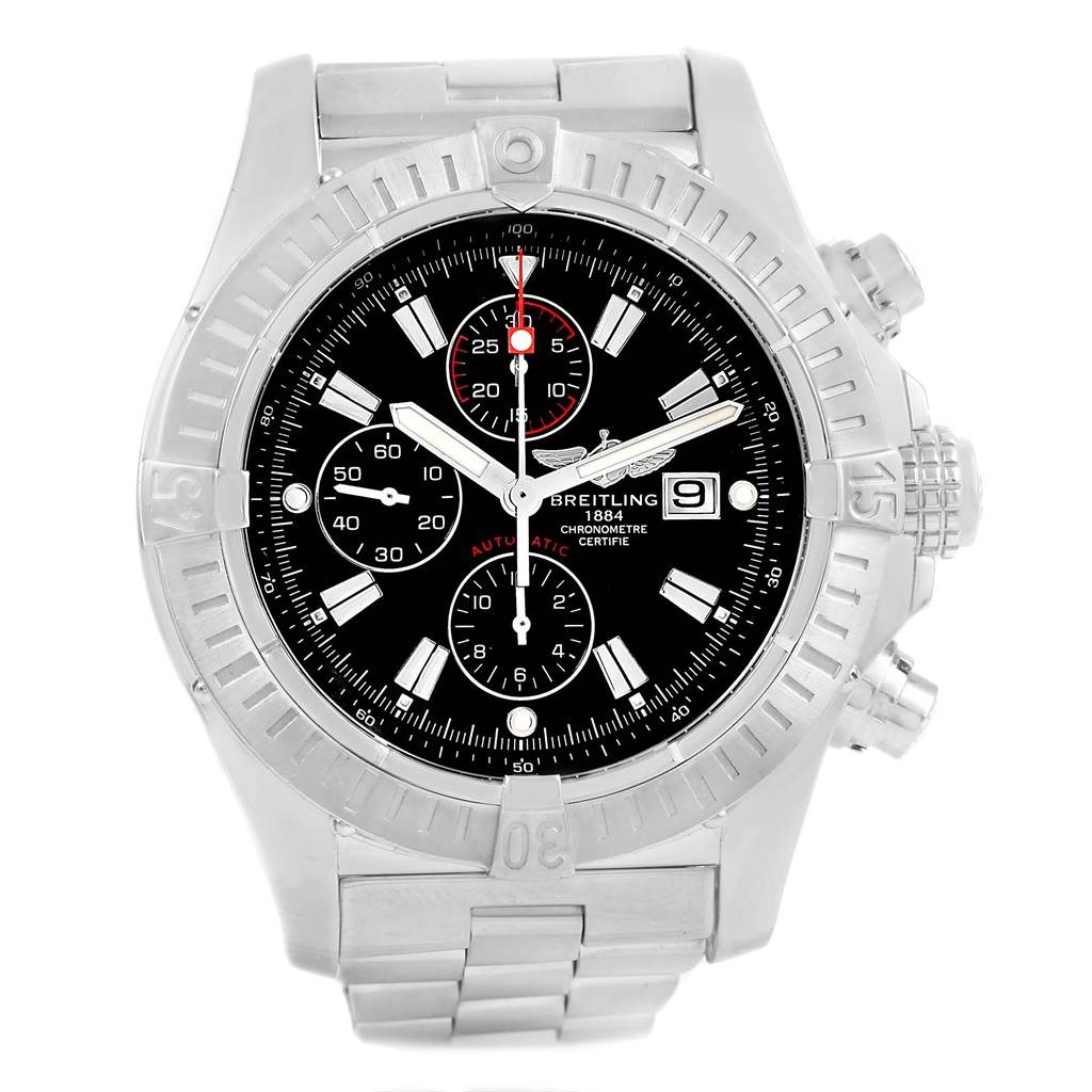 This is a frontal view of the Breitling Avenger A13370 Men's Stainless Steel Black Dial A13370 Men's Stainless Steel Black Dial watch, showcasing its dial, subdials, bezel, and metallic bracelet.