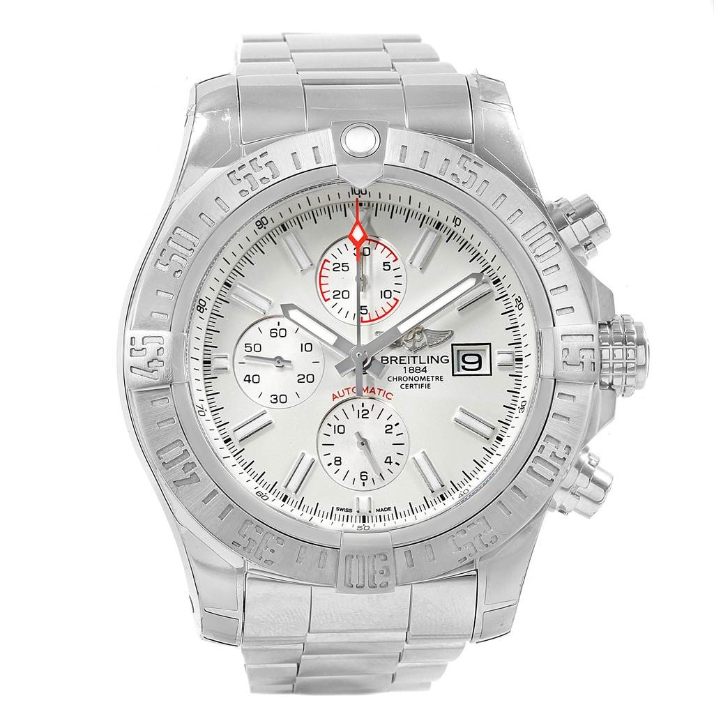 This Breitling Avenger A13371 Men's Stainless Steel White Dial A13371 Men's Stainless Steel White Dial watch is shown from the front, displaying the face, subdials, and metal bracelet.