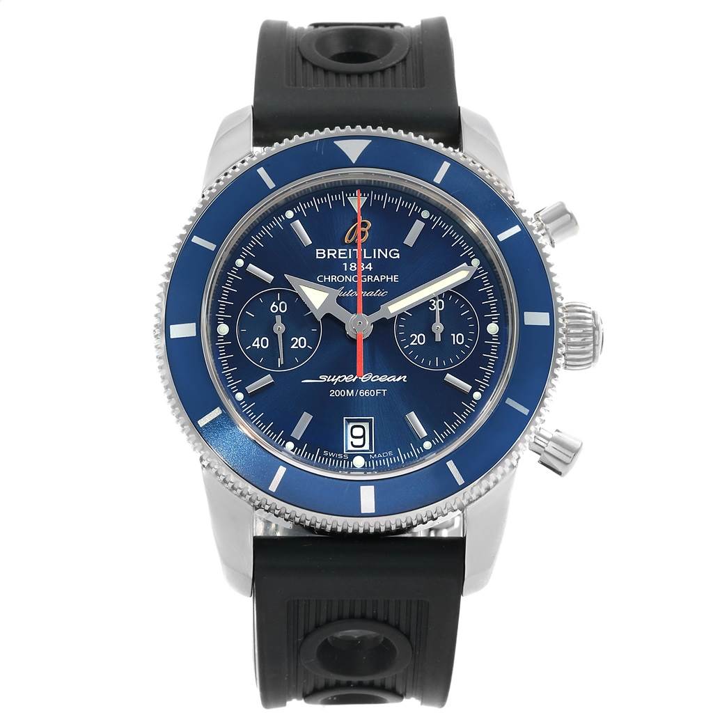 The image shows a front view of the Breitling Superocean A23370 Men's Stainless Steel Blue Dial A23370 Men's Stainless Steel Blue Dial watch, highlighting the dial, bezel, and rubber strap.