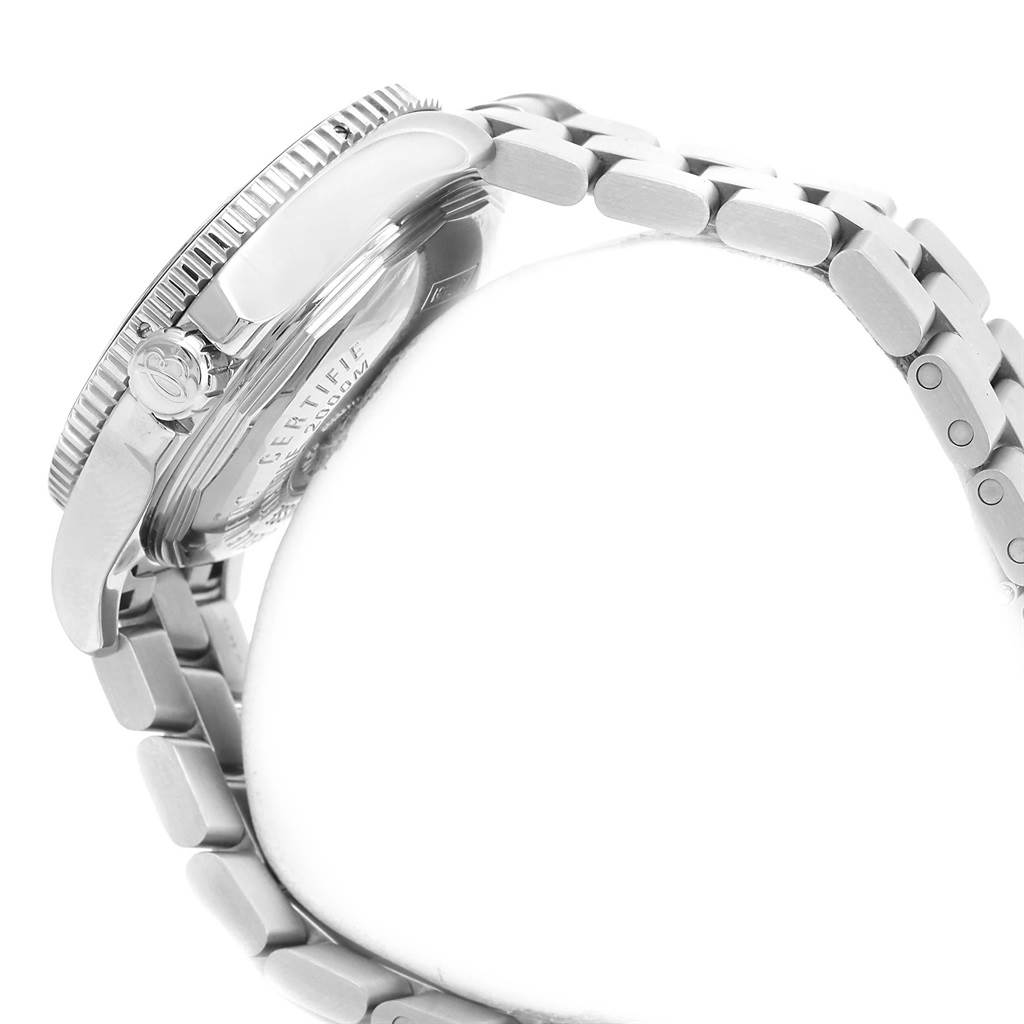 This image shows a side view of the Breitling Superocean A17391 Men's Stainless Steel Black Dial A17391 Men's Stainless Steel Black Dial watch, highlighting the bezel, crown, and metal bracelet.