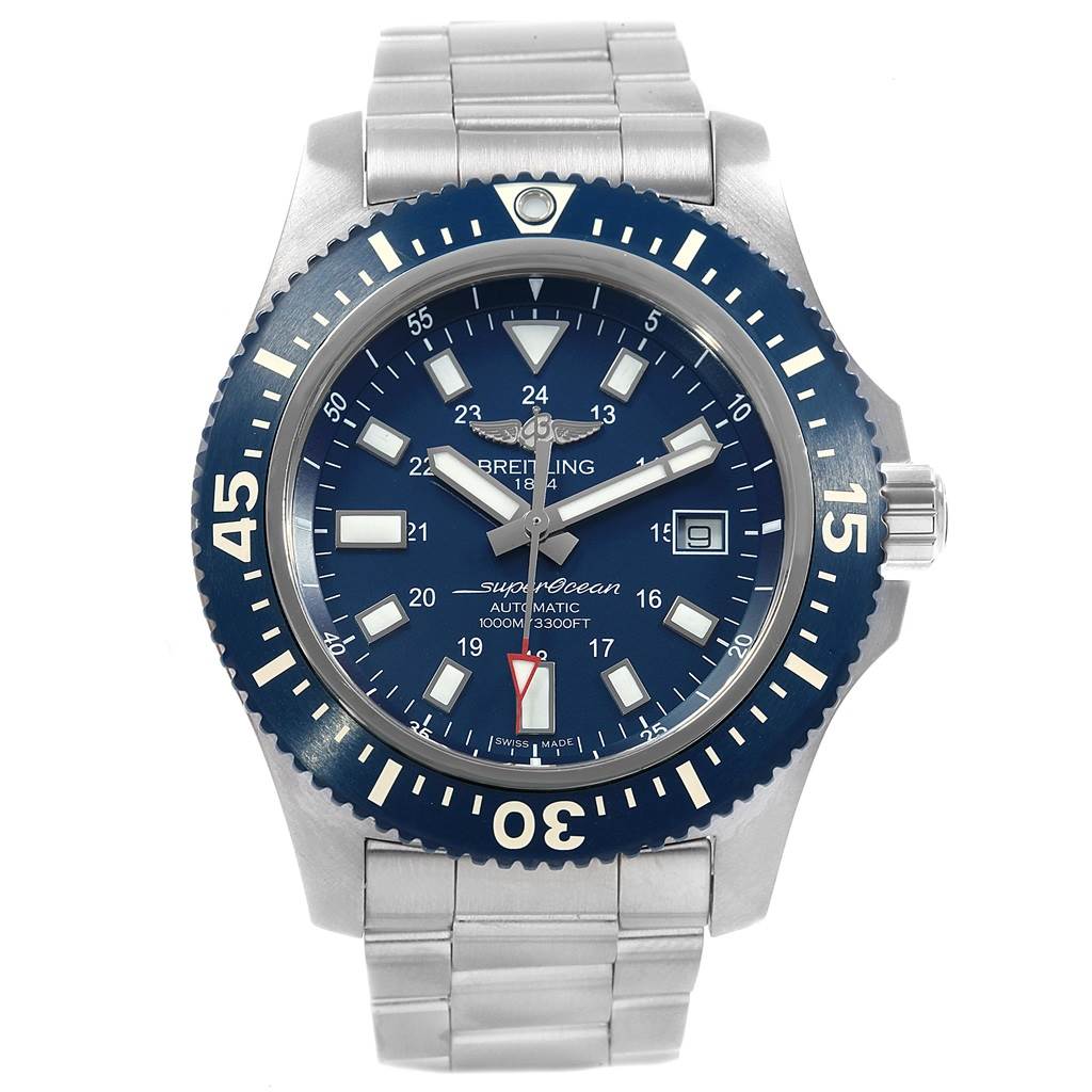 The image shows a front view of the Breitling Superocean Y1739310 Men's Stainless Steel Blue Dial Y1739310 Men's Stainless Steel Blue Dial watch, displaying its blue dial, bezel, and stainless steel bracelet.