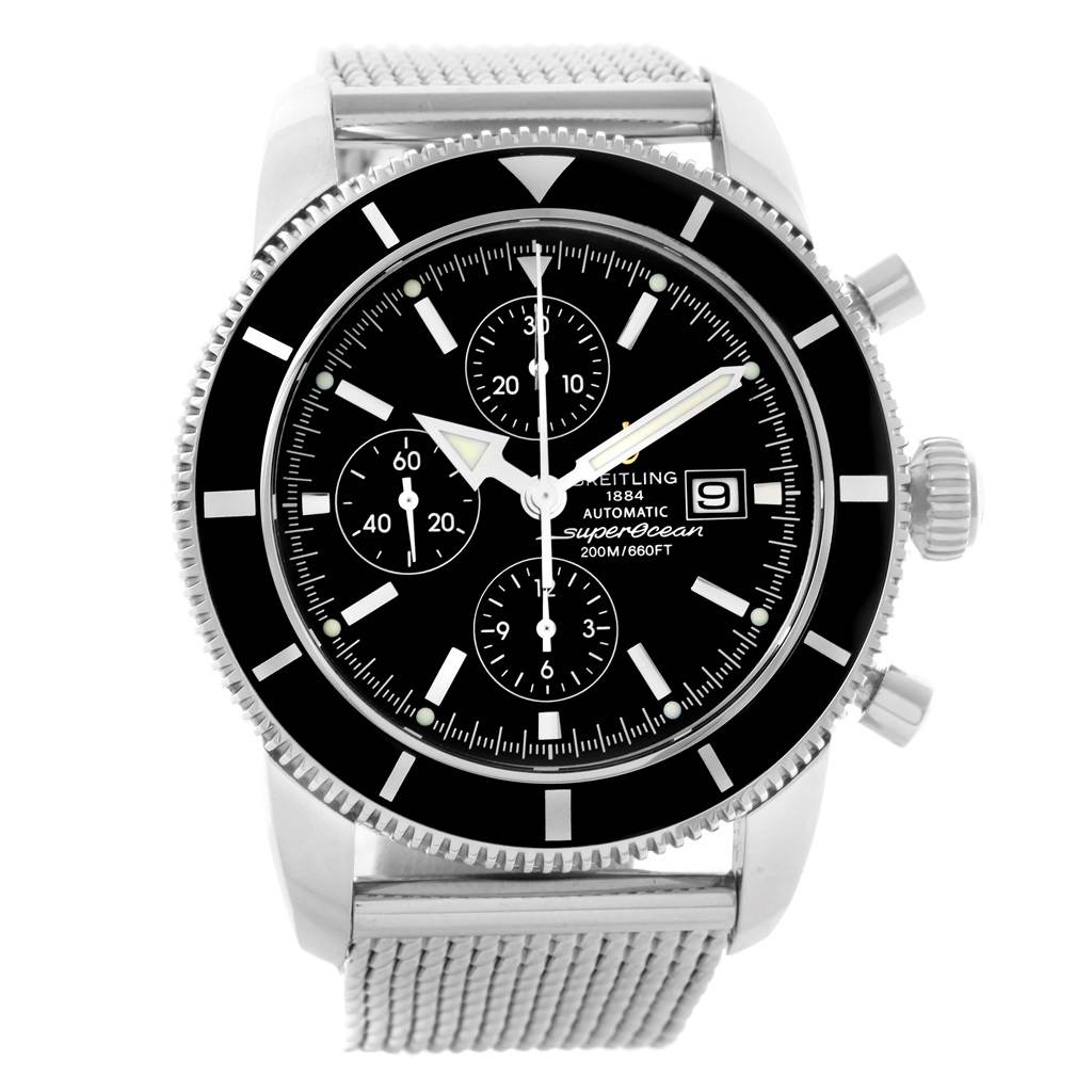 The image shows a front angle of the Breitling Superocean A13320 Men's Stainless Steel Black Dial A13320 Men's Stainless Steel Black Dial watch, highlighting the dial, bezel, and mesh strap.