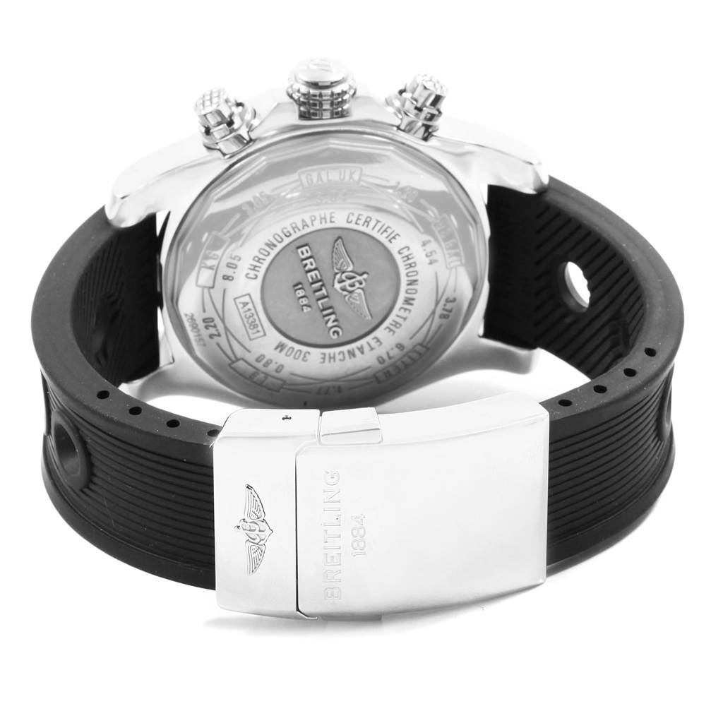 The image shows the back case, lugs, and rubber strap of a Breitling Avenger A13381 Men's Stainless Steel Black Dial A13381 Men's Stainless Steel Black Dial watch.