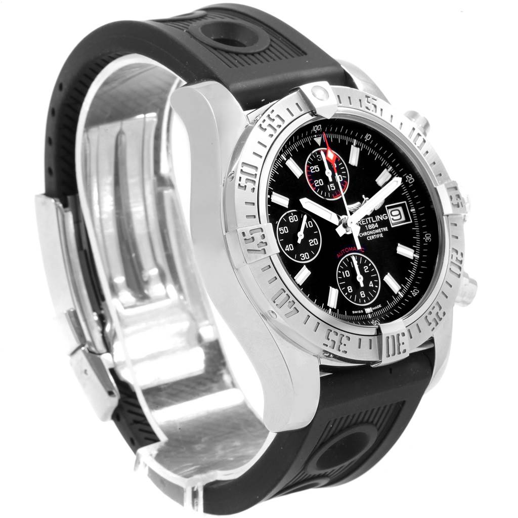 This image shows a Breitling Avenger A13381 Men's Stainless Steel Black Dial A13381 Men's Stainless Steel Black Dial watch at a three-quarter angle, highlighting its dial, bezel, and rubber strap.